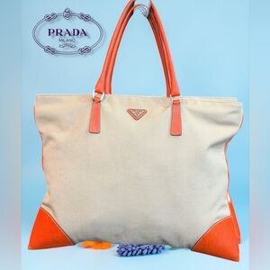 Prada Canapa CinghialeTote Creamy Tan Canvas with Persimmon Leather Trim COA!